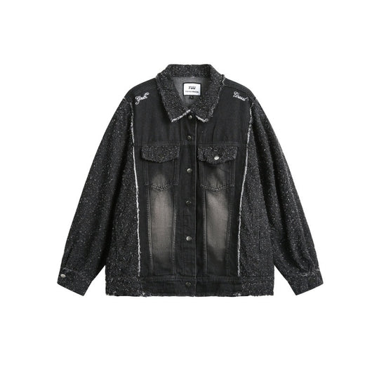 Unisex Oversized-Jeansblouson mit melierter Bouclé-Ärmelpartie und ausgefranster Kante Shop Nory