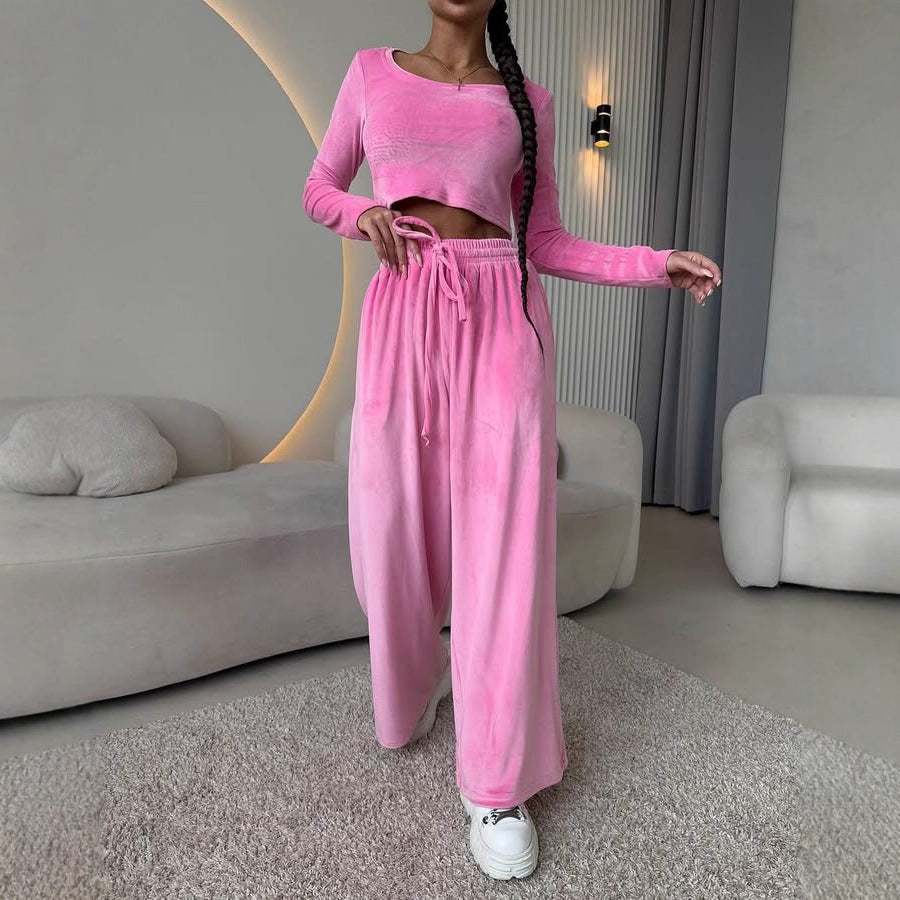Damen Samt-Loungewear-Set mit Cropped-Langarmshirt und hoher Taillen-Palazzohose Shop Nory