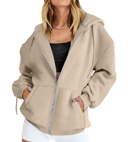 Damen nan oversized Zip-Kapuzenjacke mit kontrastierendem Reißverschluss, doppellagiger Kapuze und Kängurutasche Shop Nory