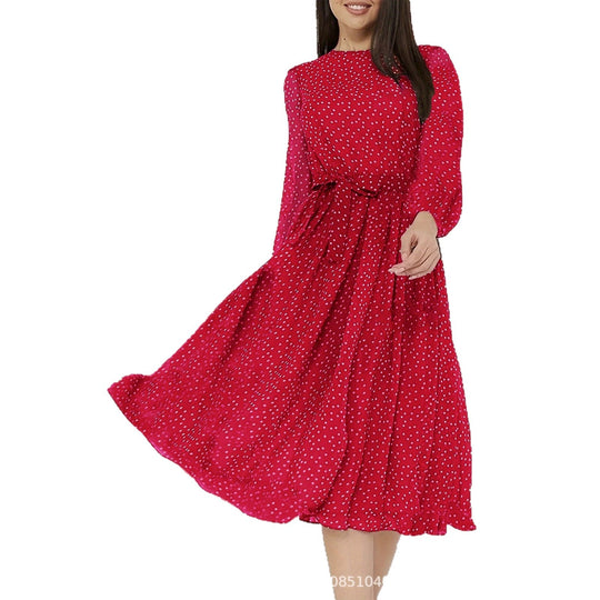 Damen Midikleid mit Punkten, taillierter Bindegürtel und Volantrock Shop Nory