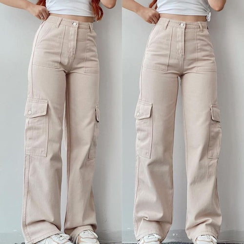 Damen High-Waist-Cargohose aus Twill mit aufgesetzten Klappentaschen und weitem Bein Shop Nory