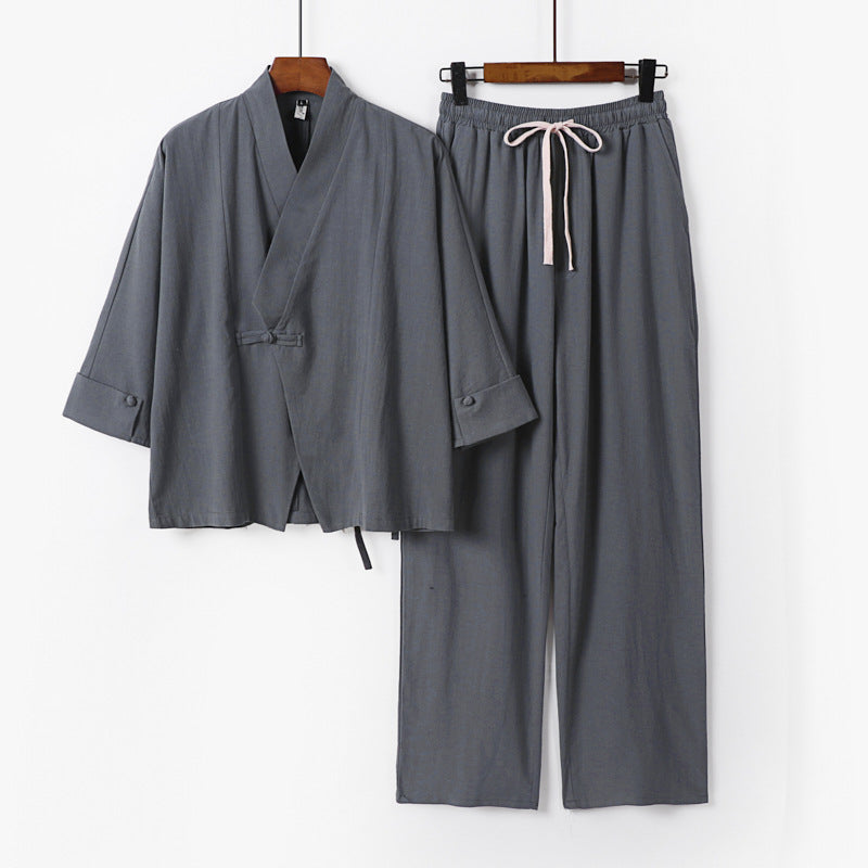 Unisex Leichtes Zen-Lounge-Set im Kimono-Stil mit überschnittener Schulter verdeckter Knotenleiste und elastischer Tunnelzughose Shop Nory