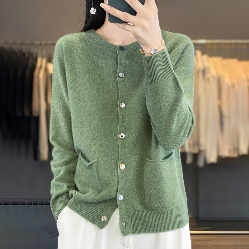 Damen Langer Feinstrick-Cardigan mit Rundhalsausschnitt, Eingrifftaschen und Alpaka-Mix Shop Nory