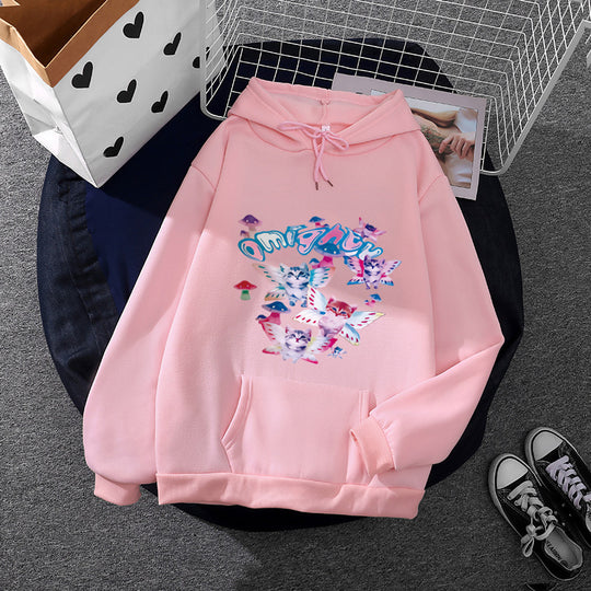 Damen nan Kapuzenpullover mit verspieltem Katzen‑Schmetterlings-Print und Kängurutasche Shop Nory