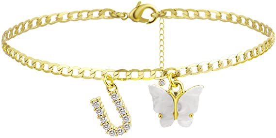 Damen Fußkettchen mit eleganten Glitzer- und Schmetterlingsanhängern Shop Nory