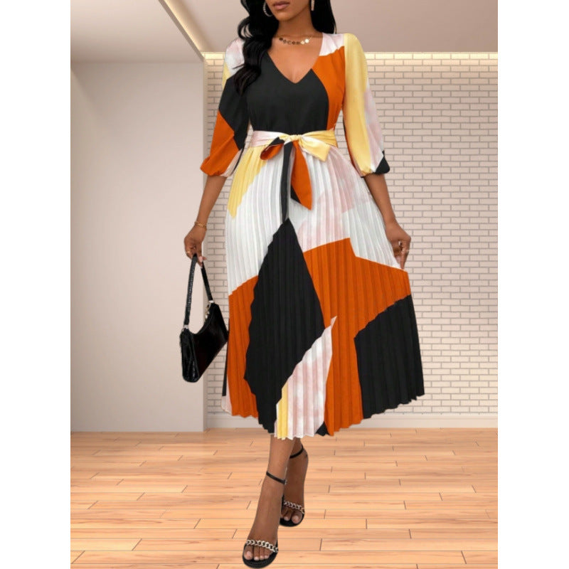 Damen Plissiertes Midikleid mit V-Ausschnitt und buntem Muster Shopnory