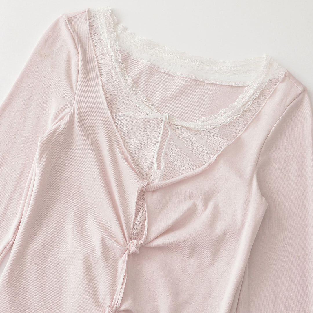 Damen Langarm-Feinjersey-Top mit Spitzen-Einsatz, Knotenfront und Raffung Shop Nory