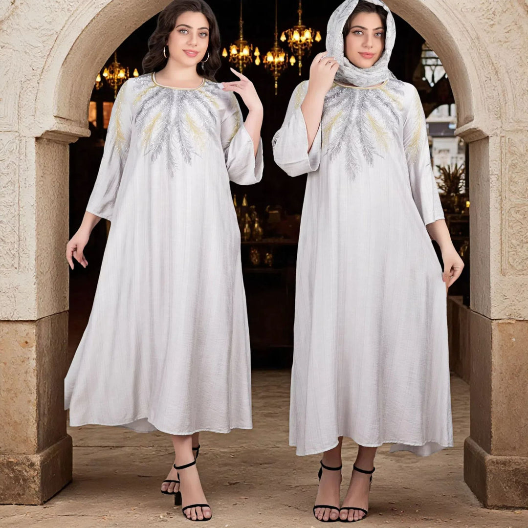 Damen Fließendes Maxikleid mit besticktem Rundhalsausschnitt und 3/4-Ärmeln Shop Nory