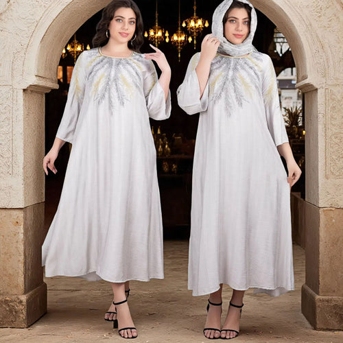 Damen Fließendes Maxikleid mit besticktem Rundhalsausschnitt und 3/4-Ärmeln Shop Nory