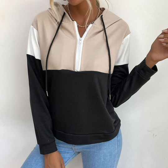 Damen Kapuzenpullover mit halbem Reißverschluss, Colorblock‑Design und Tunnelzug Shop Nory