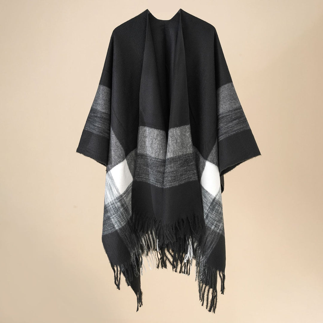 Damen Weit geschnittener Karierter Poncho mit Fransen und V‑Ausschnitt Shop Nory