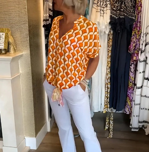 Damen nan kurzärmeliges geometrisches Blusenshirt mit Knotenbund und Stehkragen