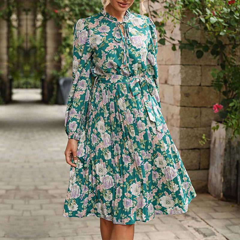 Damen Plissiertes Midikleid mit Stehkragen-Schleife, Puffärmeln und abnehmbarem Perlengürtel Shop Nory