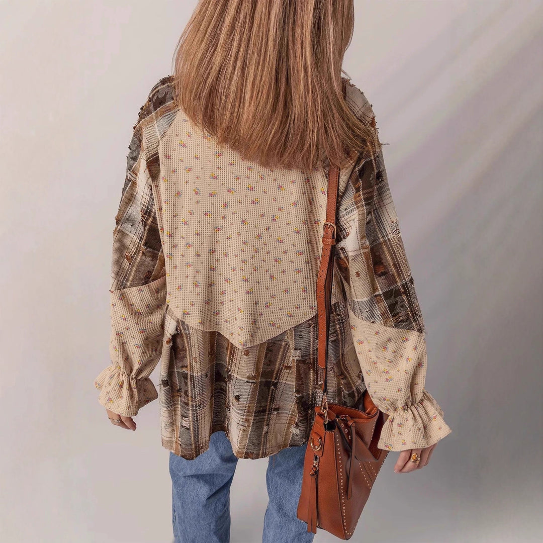 Damen Patchwork-Bluse-Jacke mit plissiertem Saum und Knopfleiste Shop Nory