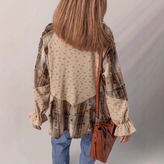 Damen Patchwork-Bluse-Jacke mit plissiertem Saum und Knopfleiste Shop Nory