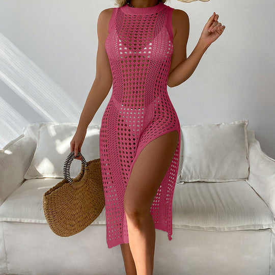 Damen luftiges Häkel-Strandkleid mit hohem Schlitz und transparenter Struktur