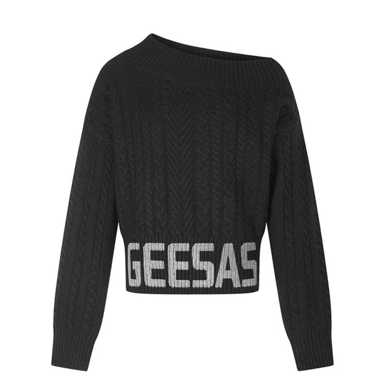 Damen Kurzer Zopfstrick-Pullover mit weitem Boat-Ausschnitt und markantem Logobund Shop Nory