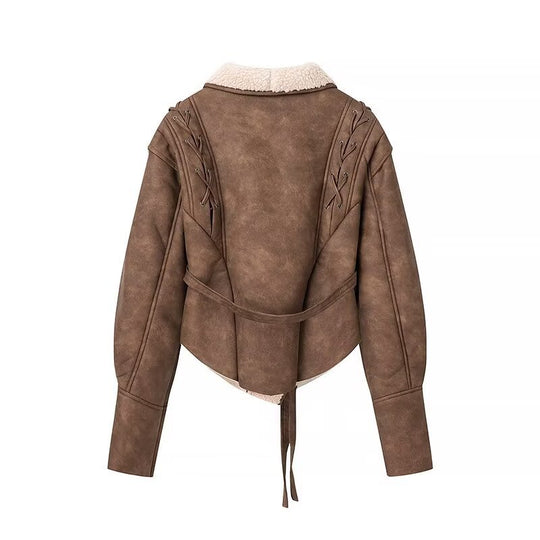 Damen Kurzjacke im Aviator‑Look mit Sherpa‑Futter, Bindegürtel und Schulter‑Schnürung Shop Nory
