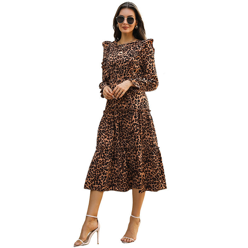 Damen Midi-Stufenkleid mit Leoprint, Volantdetails und taillierter Silhouette Shop Nory