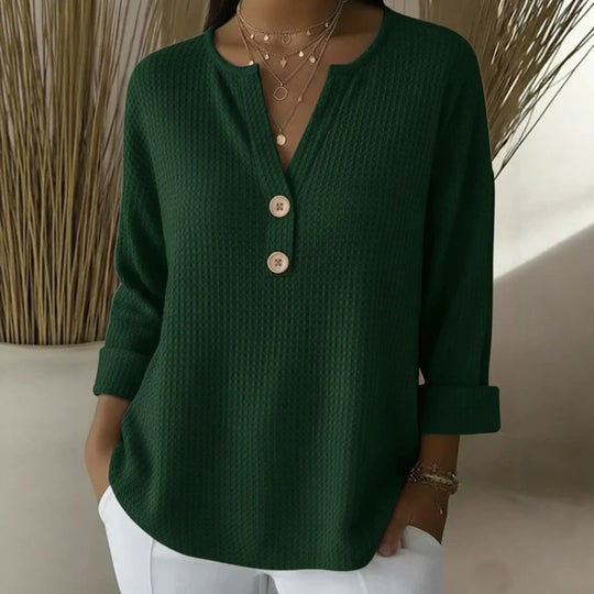 Damen nan Waffelstruktur Henley-Shirt mit V-Ausschnitt kurze Knopfleiste und krempelbaren 3/4-Ärmeln Shop Nory