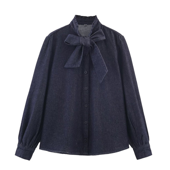 Damen Schimmernde Bluse mit Schleifenkragen und Ballonärmeln Shop Nory