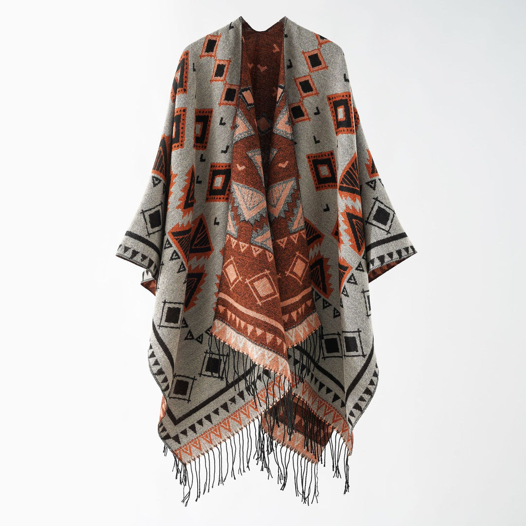 Damen Weichfallender Jacquard-Umhang im Ruana-Stil mit Fransen Shop Nory