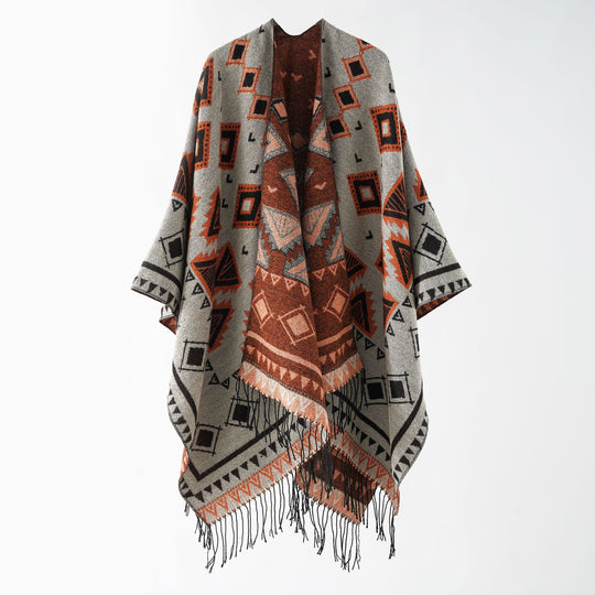 Damen Weichfallender Jacquard-Umhang im Ruana-Stil mit Fransen Shop Nory