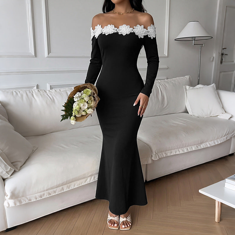 Damen Schulterfreies Maxikleid mit Carmen‑Ausschnitt, figurbetonter Silhouette und Spitzenblütenbesatz Shop Nory