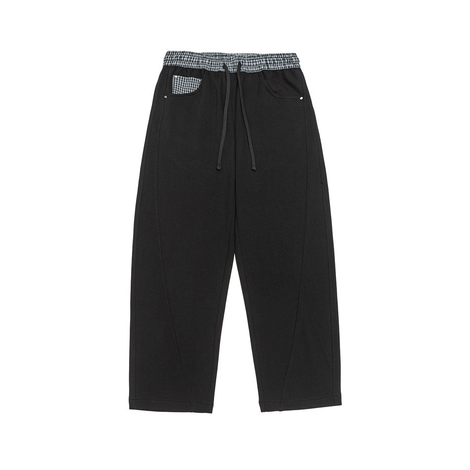 Damen Leichte Sweatpants mit hohem Gummibund, Karomusterbesatz und weitem Cropped Schnitt Shop Nory