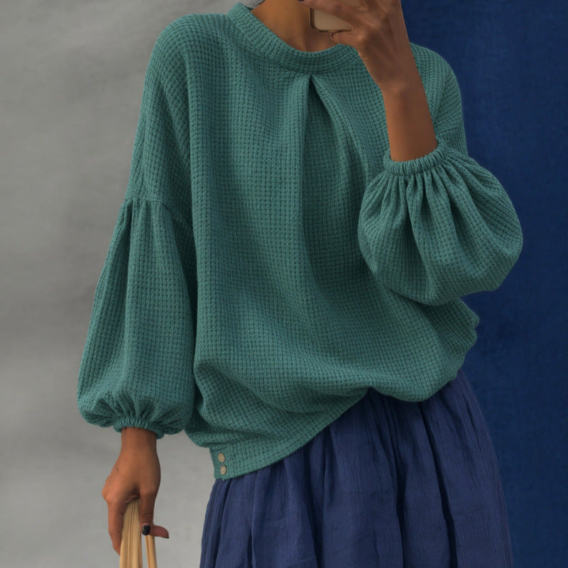 Damen Oversize Waffelstrickpullover mit Ballonärmeln und Kellerfalte Shop Nory