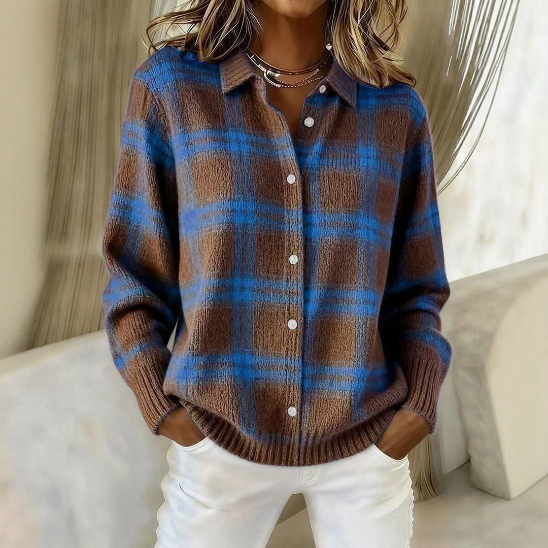 Damen Kariertes Strick-Hemdjacke-Cardigan mit Hemdkragen und gerippten Bündchen Shop Nory