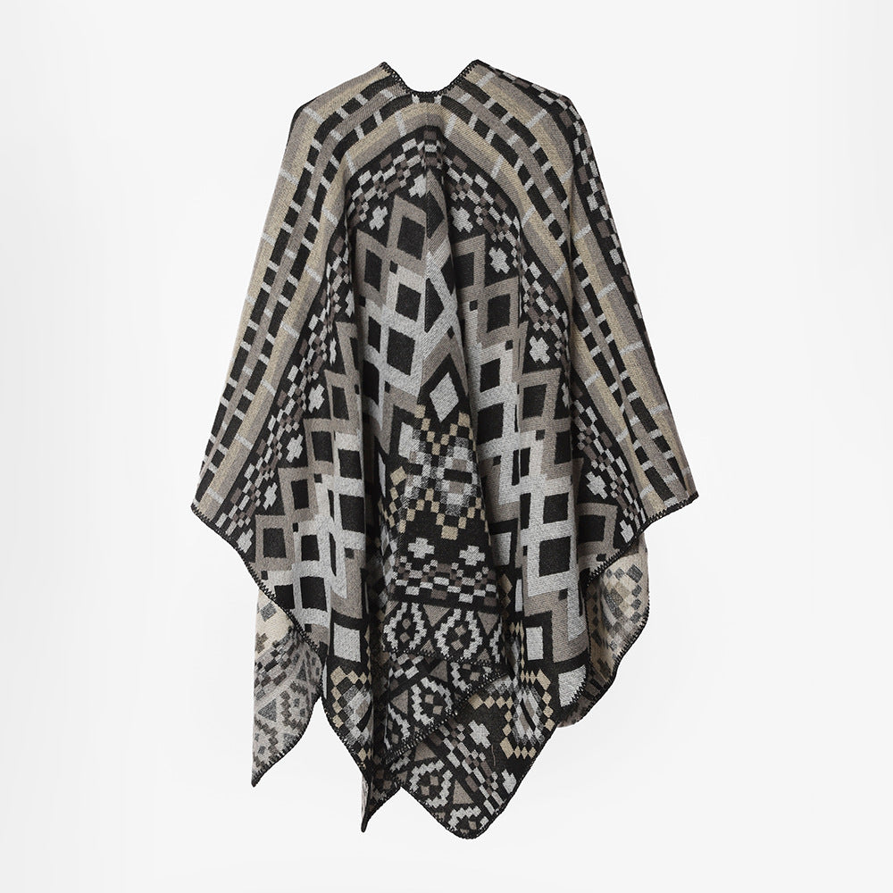Damen Großflächiger Jacquard-Capeponcho mit geometrisch-ethnischem Muster und kastiger Silhouette Shop Nory