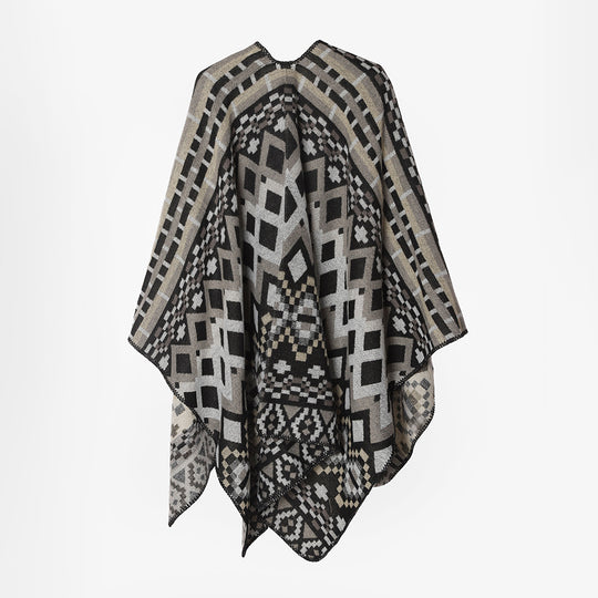 Damen Großflächiger Jacquard-Capeponcho mit geometrisch-ethnischem Muster und kastiger Silhouette Shop Nory