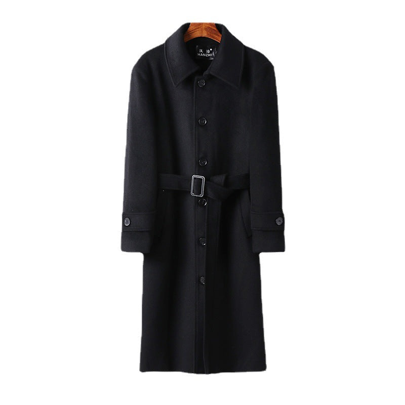 Herren taillierter Maxilanger Wollmix‑Mantel mit Bindegürtel und Kentkragen Shop Nory