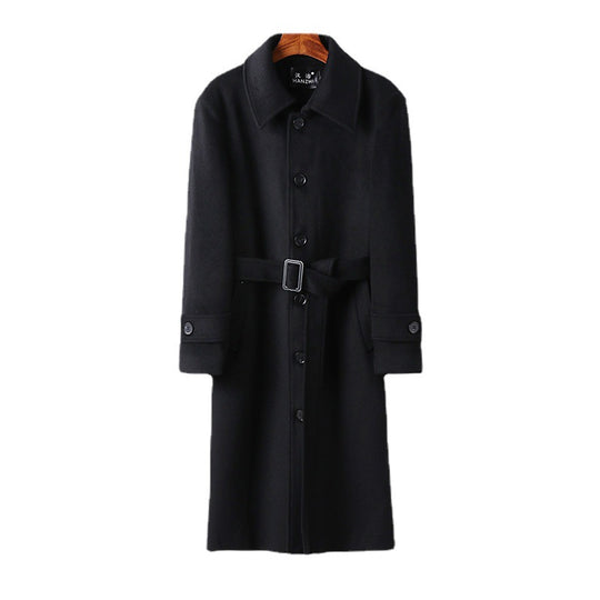 Herren taillierter Maxilanger Wollmix‑Mantel mit Bindegürtel und Kentkragen Shop Nory