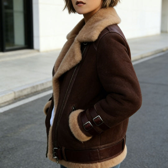Damen Kurze Fliegerjacke mit Teddyfutter, weichem Lammfellkragen und Reißverschluss Shop Nory