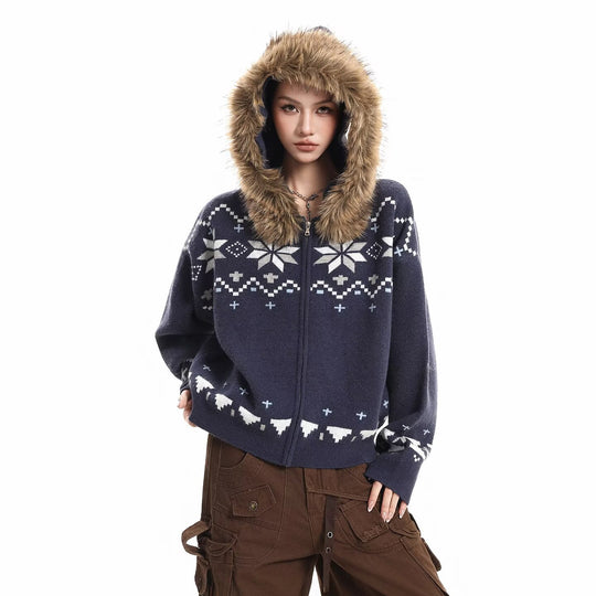 Damen Kapuzensweatjacke mit Kunstfell Kragen und Norweger-Muster Shop Nory