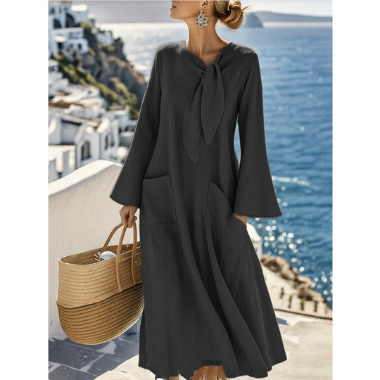 Damen Leichtes Maxikleid mit Bindeschleife, Glockenärmeln und aufgesetzten Taschen Shop Nory