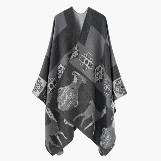 Damen Cape-Überwurf aus Jacquard-Strick mit Tier- und Ethno-Motiv Shop Nory