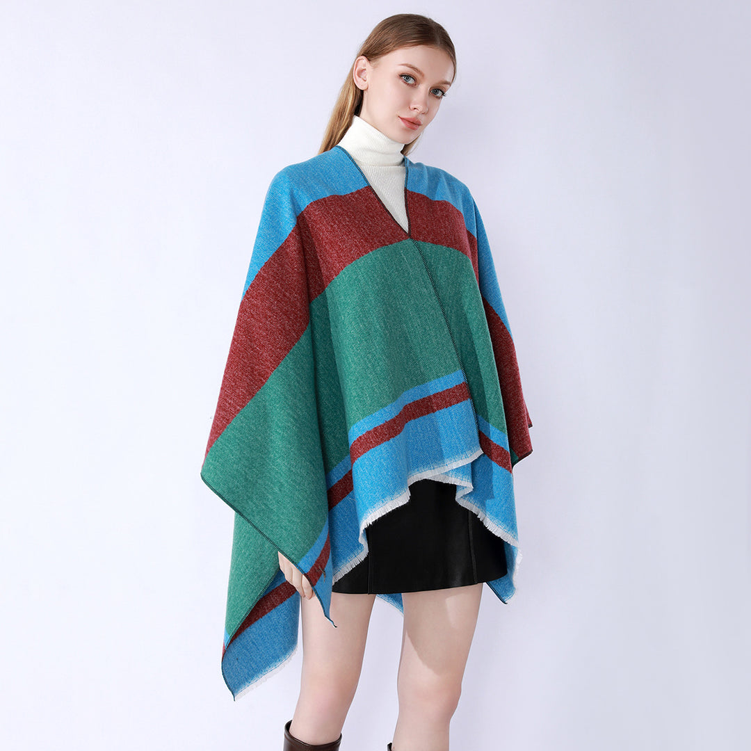 Damen Leichter Capeponcho aus Feinstrick mit geometrischem Blockstreifen-Design Shop Nory