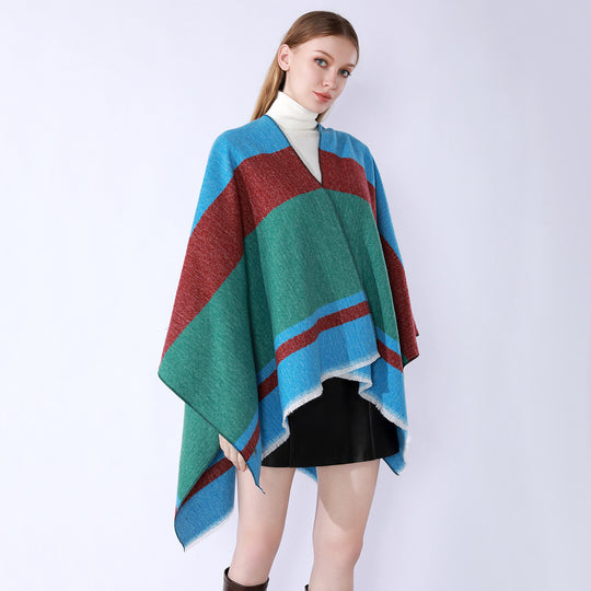 Damen Leichter Capeponcho aus Feinstrick mit geometrischem Blockstreifen-Design Shop Nory