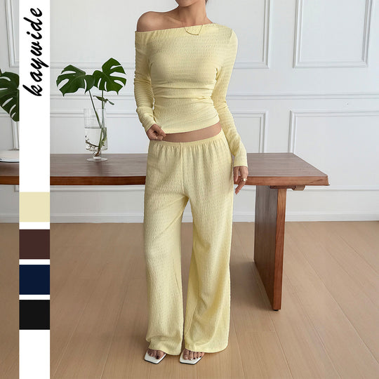 Damen nan legeres Crinkle-Lounge-Set mit Off-Shoulder Crop-Top und weiten High-Waist Palazzohose Shop Nory