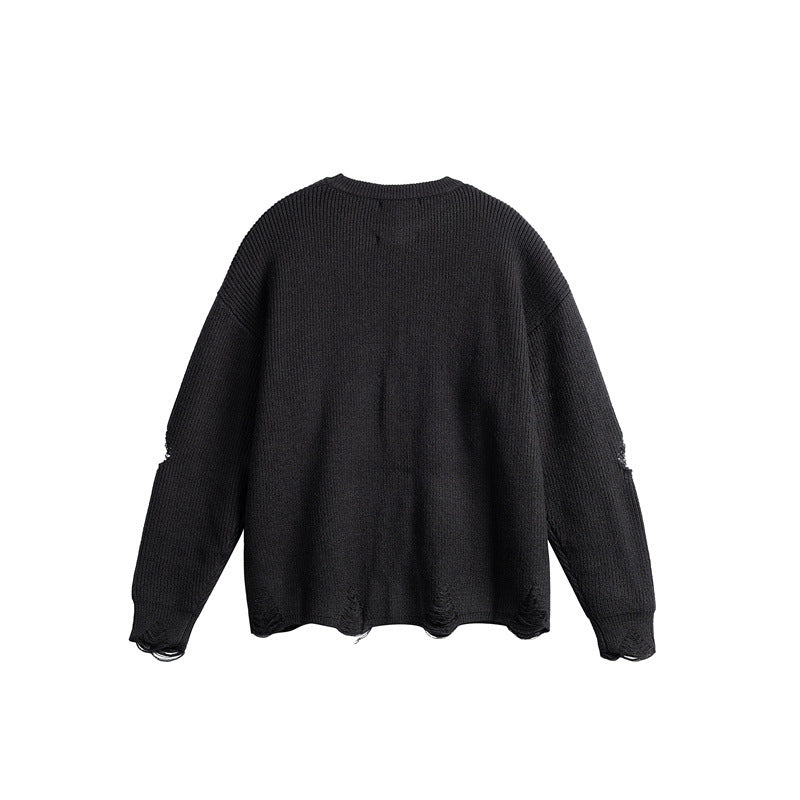 Unisex Oversize Strickpullover mit Destroyed Details und Statement Print Shop Nory