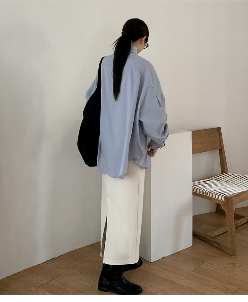 Damen Lockeres Oversize-Hemd mit Stehkragen, verlängertem Rückenteil und überschnittenen Ärmeln Shop Nory