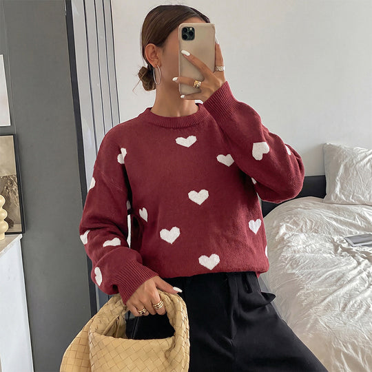 Damen Grobstrick-Pullover mit Herzintarsien und klassischem Rundhalsausschnitt Shop Nory