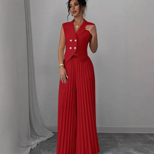 Damen Ärmelloses Weste-Blazer-Top mit Revers und plissierter Palazzo-Hose Zweiteiliges Abendset Shop Nory