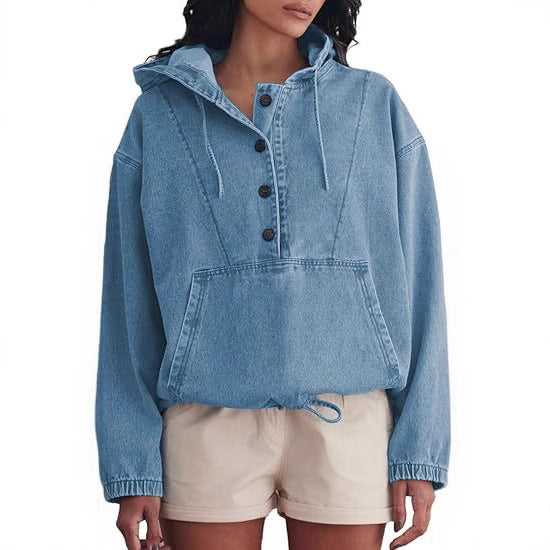 Damen Jeans-Halbanorak mit Kapuze, Kängurutasche und Tunnelzug Shop Nory