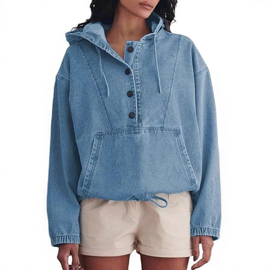 Damen Jeans-Halbanorak mit Kapuze, Kängurutasche und Tunnelzug Shop Nory
