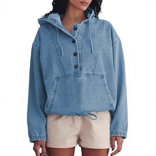 Damen Jeans-Halbanorak mit Kapuze, Kängurutasche und Tunnelzug Shop Nory