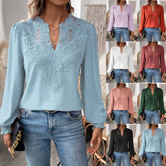 Damen Spitzenbluse mit V-Ausschnitt, Schweizer Punktstruktur und gerafften Manschetten Shop Nory